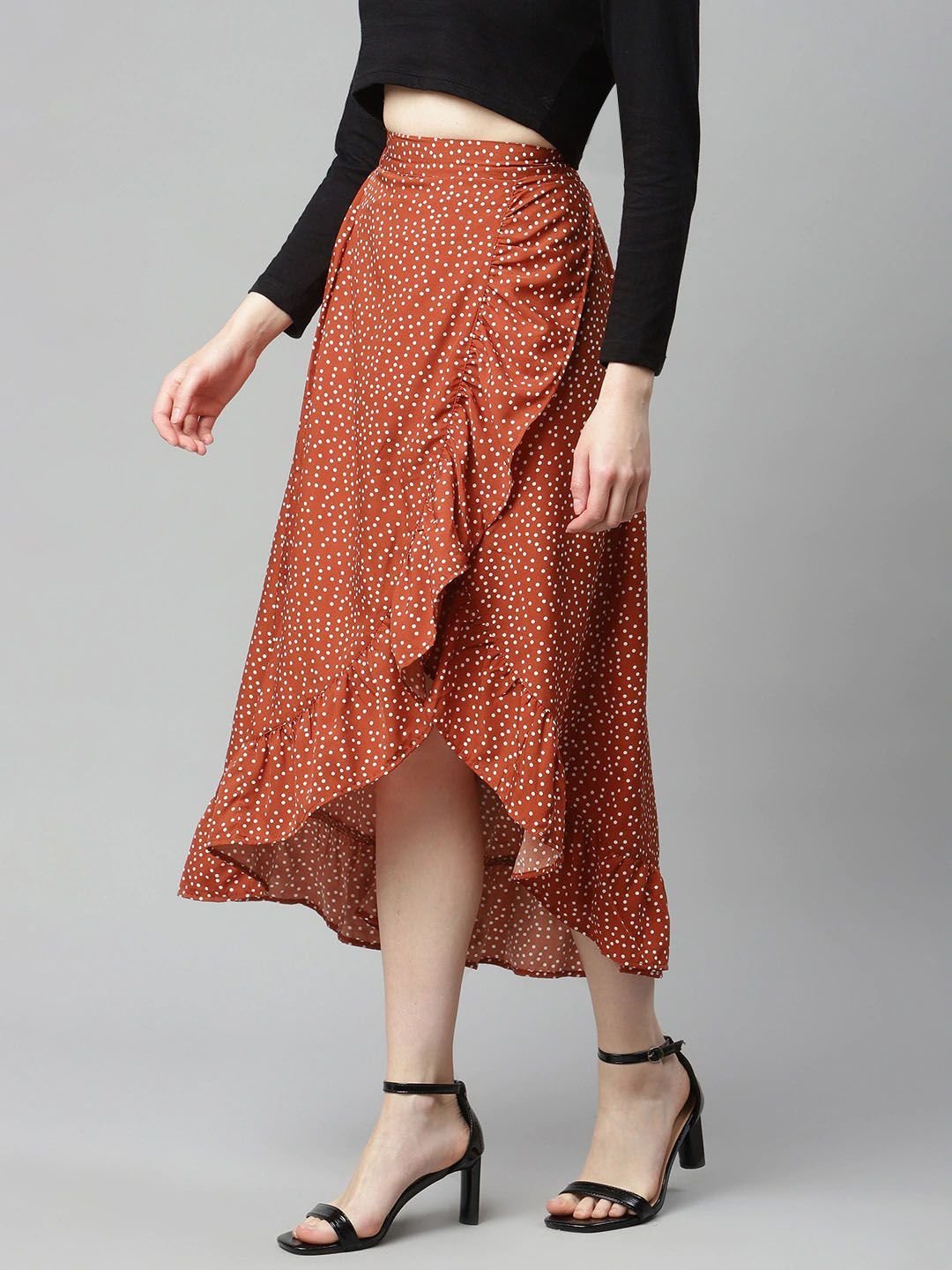 CINK Women Red  White Polka Dot Print Asymmetric Hem A-line Midi Skirt
