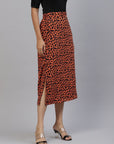 CINK Women Orange  Black Animal Printed A-Line Midi Skirt