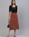 CINK Women Orange  Black Animal Printed A-Line Midi Skirt
