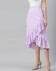 CINK Women Lavender  White Polka Dots Print Wrap Midi Skirt With Ruffles Detail