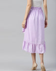 CINK Women Lavender  White Polka Dots Print Wrap Midi Skirt With Ruffles Detail