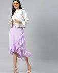 CINK Women Lavender  White Polka Dots Print Wrap Midi Skirt With Ruffles Detail