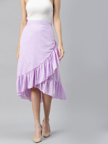 CINK Women Lavender  White Polka Dots Print Wrap Midi Skirt With Ruffles Detail