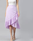 CINK Women Lavender  White Polka Dots Print Wrap Midi Skirt With Ruffles Detail
