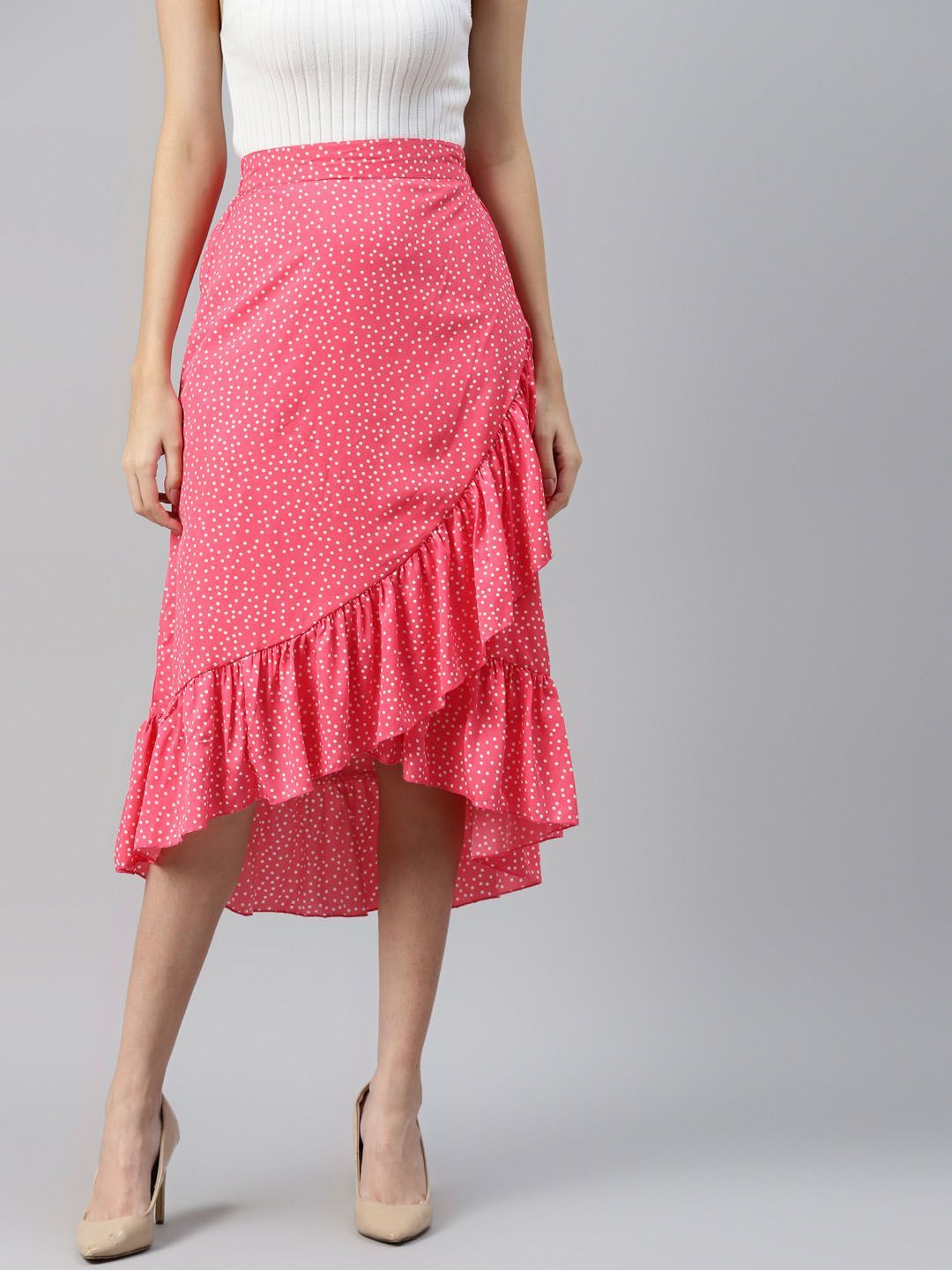 CINK Pink Printed Midi A-Line Skirt With Tulip Hem