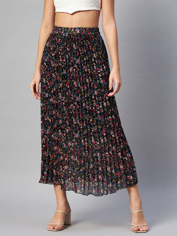 CINK Black Floral Printed Accordion Pleats Midi Flared Skirt