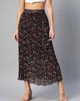 CINK Black Floral Printed Accordion Pleats Midi Flared Skirt