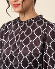 Black Geometric Print Mandarin Collar Bell Sleeve Top