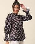 Black Geometric Print Mandarin Collar Bell Sleeve Top