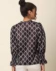 Black Geometric Print Mandarin Collar Bell Sleeve Top