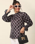 Black Geometric Print Mandarin Collar Bell Sleeve Top