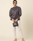 Black Geometric Print Mandarin Collar Bell Sleeve Top