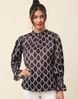 Black Geometric Print Mandarin Collar Bell Sleeve Top