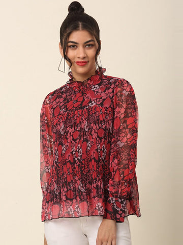 Red Floral Printed High Neck Cuffed Sleeves A-Line Top