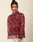 Red Floral Printed High Neck Cuffed Sleeves A-Line Top