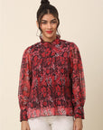Red Floral Printed High Neck Cuffed Sleeves A-Line Top