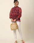 Red Floral Printed High Neck Cuffed Sleeves A-Line Top