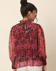Red Floral Printed High Neck Cuffed Sleeves A-Line Top