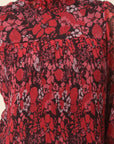 Red Floral Printed High Neck Cuffed Sleeves A-Line Top