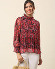 Red Floral Printed High Neck Cuffed Sleeves A-Line Top