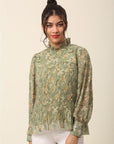 Olive Green Floral Printed High Neck Cuffed Sleeves A-Line Top