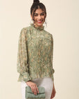 Olive Green Floral Printed High Neck Cuffed Sleeves A-Line Top