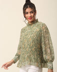 Olive Green Floral Printed High Neck Cuffed Sleeves A-Line Top