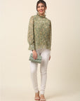 Olive Green Floral Printed High Neck Cuffed Sleeves A-Line Top