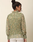 Olive Green Floral Printed High Neck Cuffed Sleeves A-Line Top