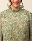 Olive Green Floral Printed High Neck Cuffed Sleeves A-Line Top