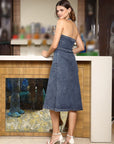 Women Halter Neck A-Line Cotton Midi Dress light-blue
