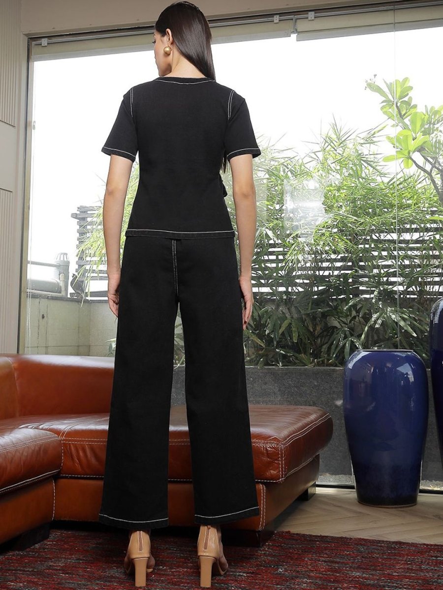 Round Neck Cotton Shirt With Trousers Co-Ords black