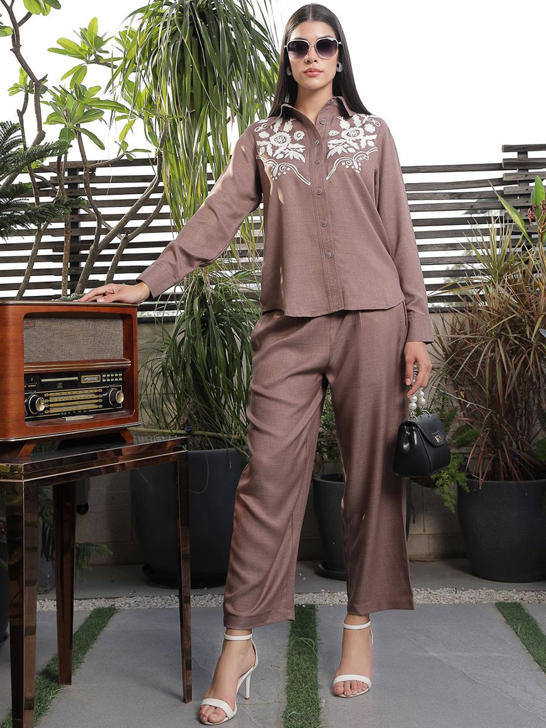 Shirt Collar Embroidered Cotton Shirt With Trousers Co-Ords Set brown