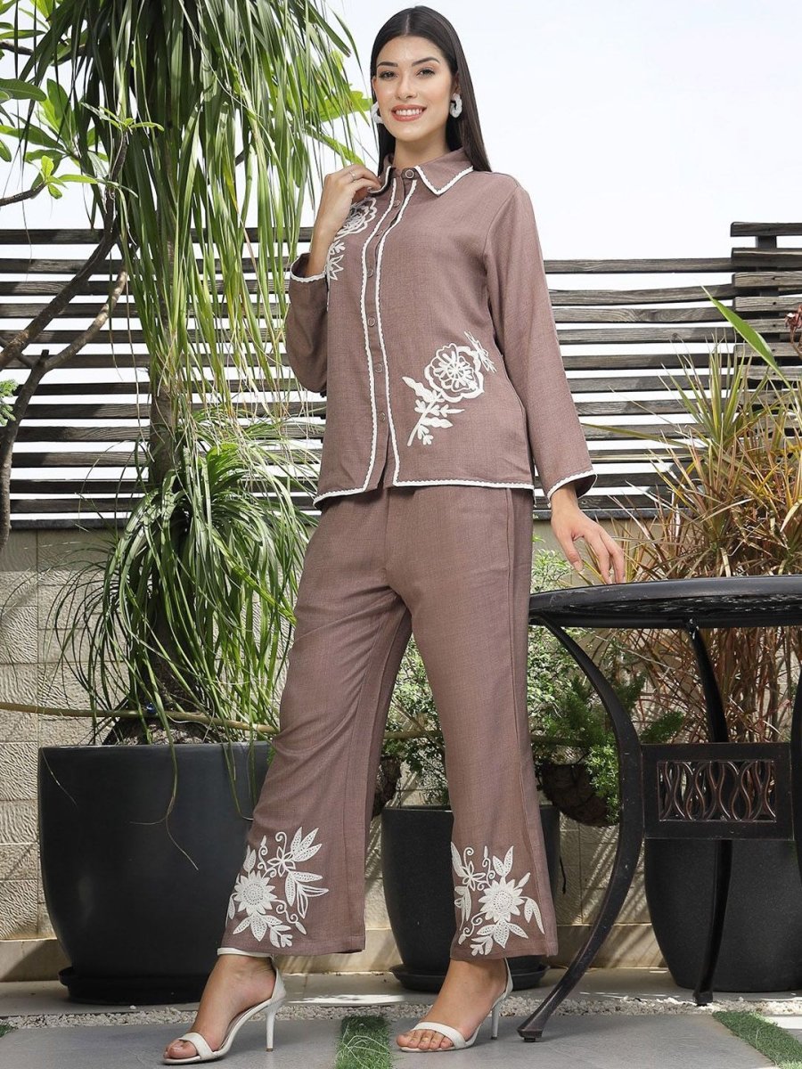 Shirt Collar Embroidered Cotton Shirt With Trousers Co-Ords Set brown
