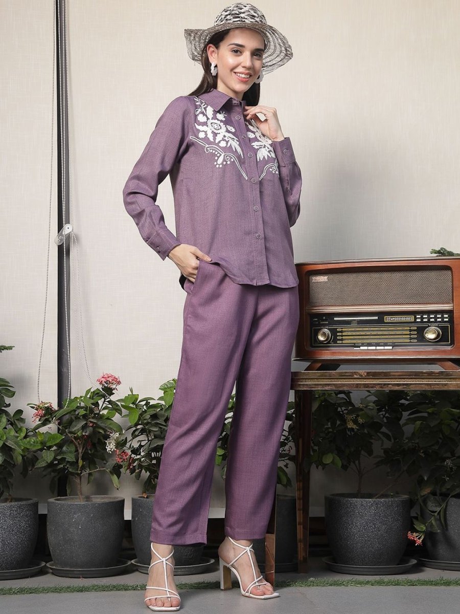 Shirt Collar Embroidered Cotton Shirt With Trousers Co-Ords Set pink