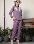 Shirt Collar Embroidered Cotton Shirt With Trousers Co-Ords Set pink