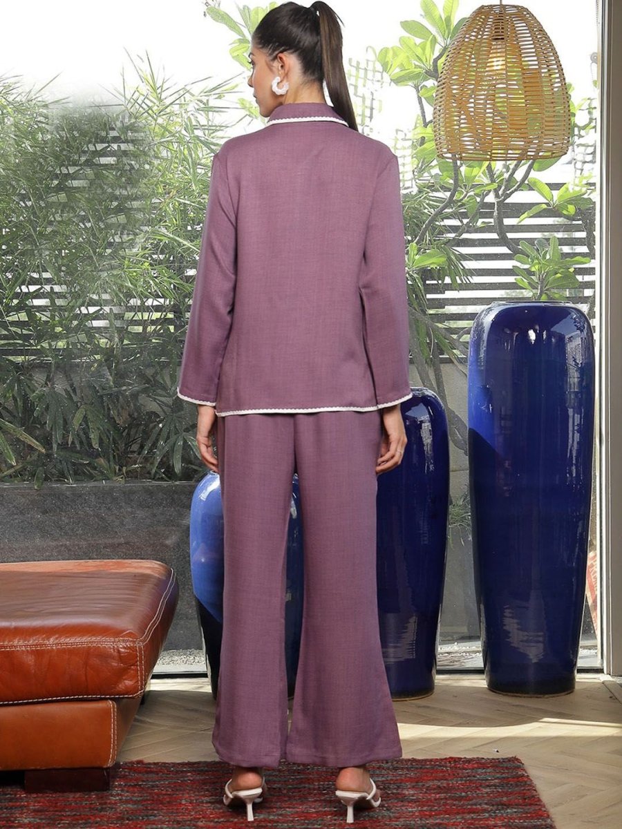 Shirt Collar Embroidered Cotton Shirt With Trousers Co-Ords Set pink