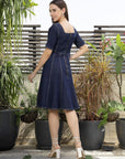Solid Denim Square Neck Half Short Sleeve Dress blue