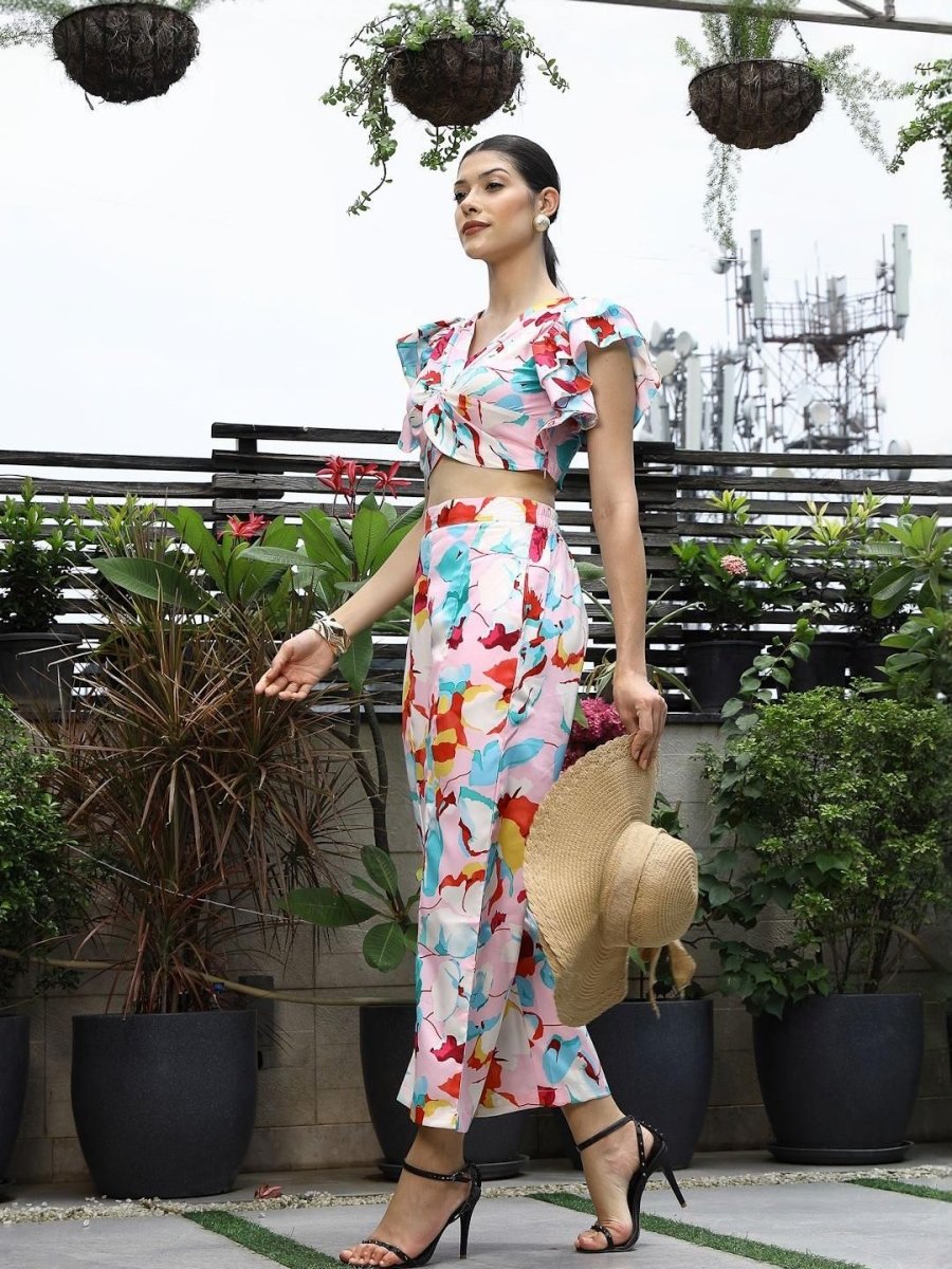 Printed V-Neck Top With Trousers Co-Ord Set pink