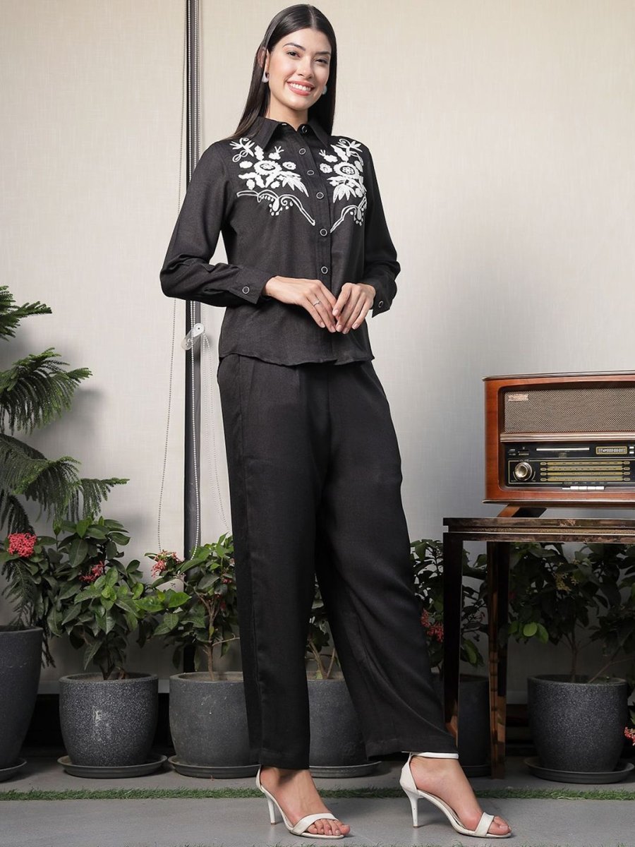 Shirt Collar Embroidered Cotton Shirt With Trousers Co-Ords Set black