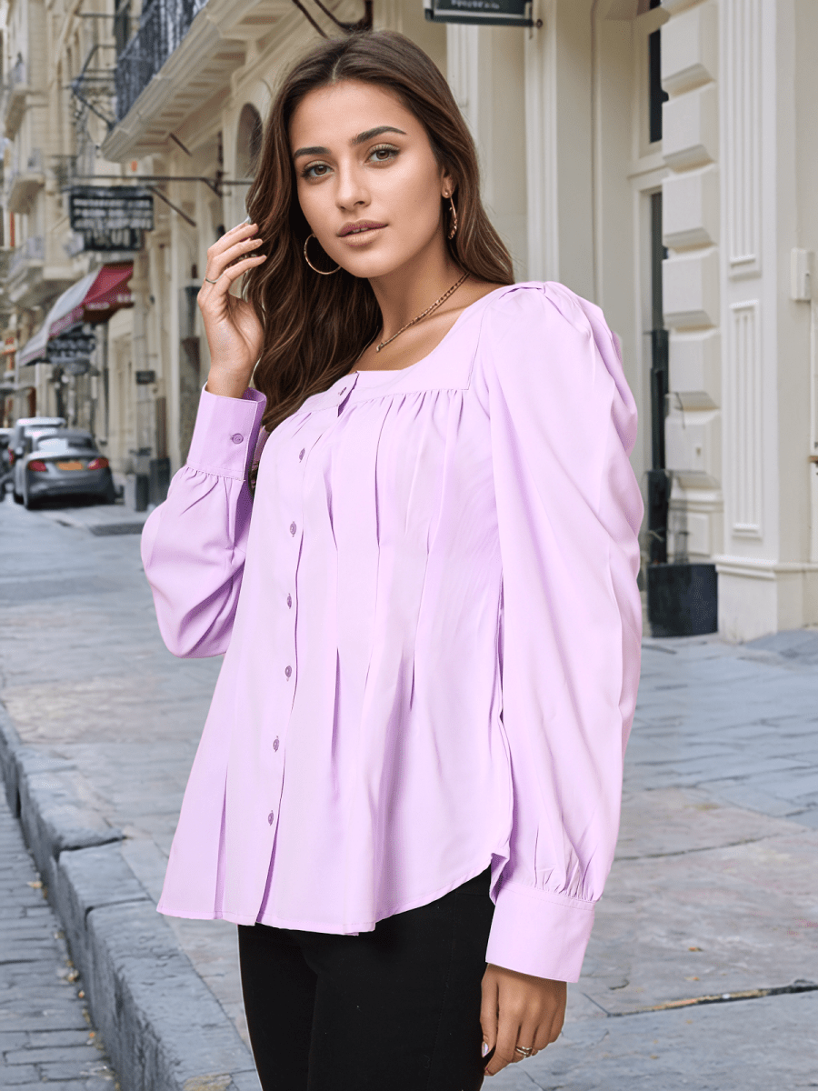 Women Collarless Solid Full Sleeves Buttoned Top