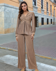 Brown Solid V-Neck Top With Trouser Co-Ords