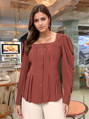 Women Collarless Solid Full Sleeves Shirt