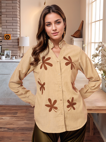 Women Beige Floral Embroidered Cotton Shirt