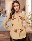 Women Beige Floral Embroidered Cotton Shirt