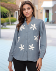 Women Blue Floral Embroidered Cotton Shirt