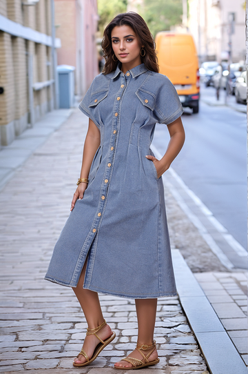 Solid Blue Shirt Collar Midi Dress