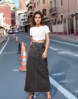 Black Denim A-Line Midi Skirts