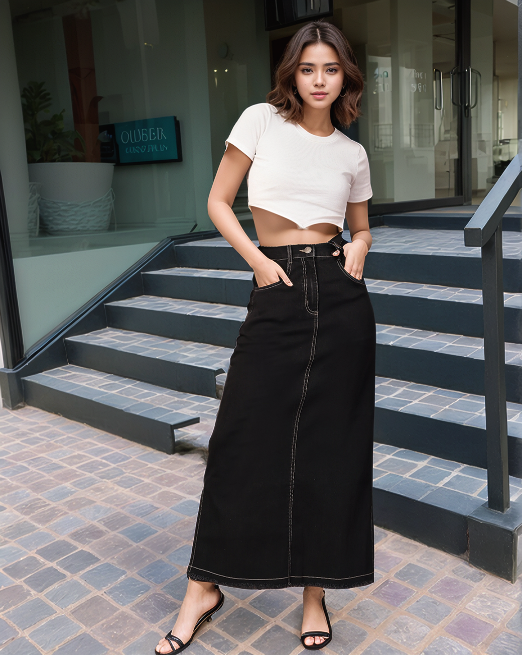 Black Denim Midi Skirts