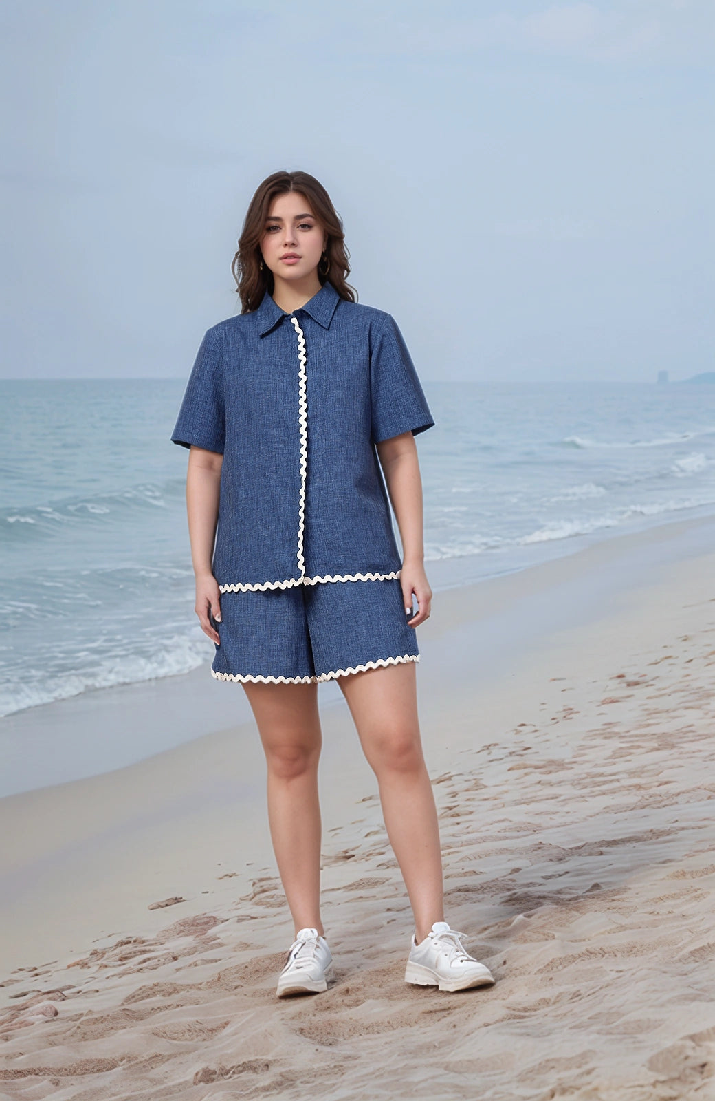 Navy Blue Solid Cotton Shirt With Shorts Co-Ords Set